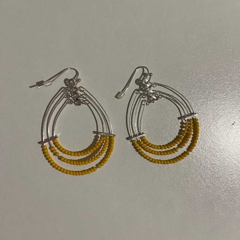 Yellow Beaded Silver Hoop Earrings